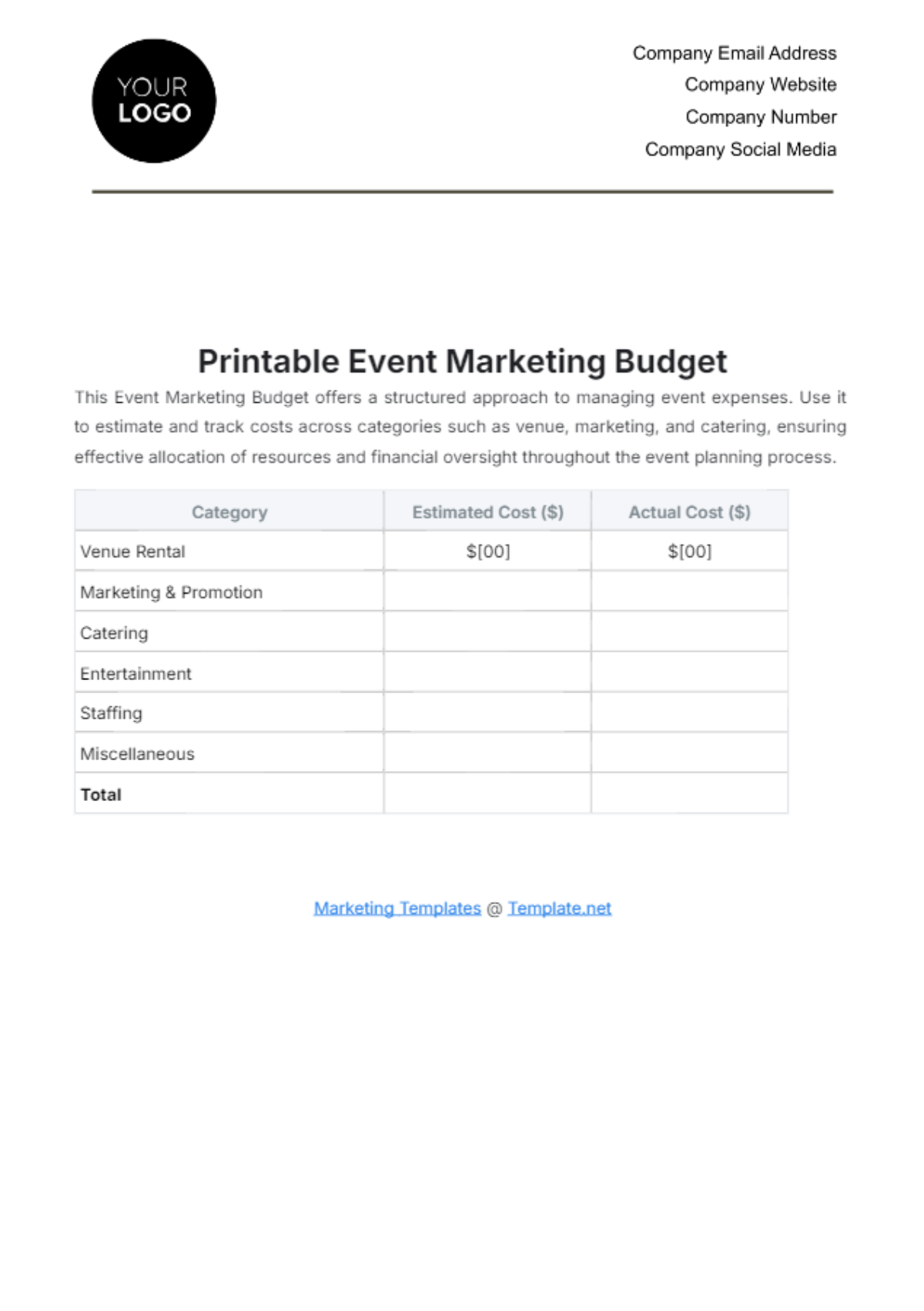 Printable Event Marketing Budget Template - Edit Online & Download