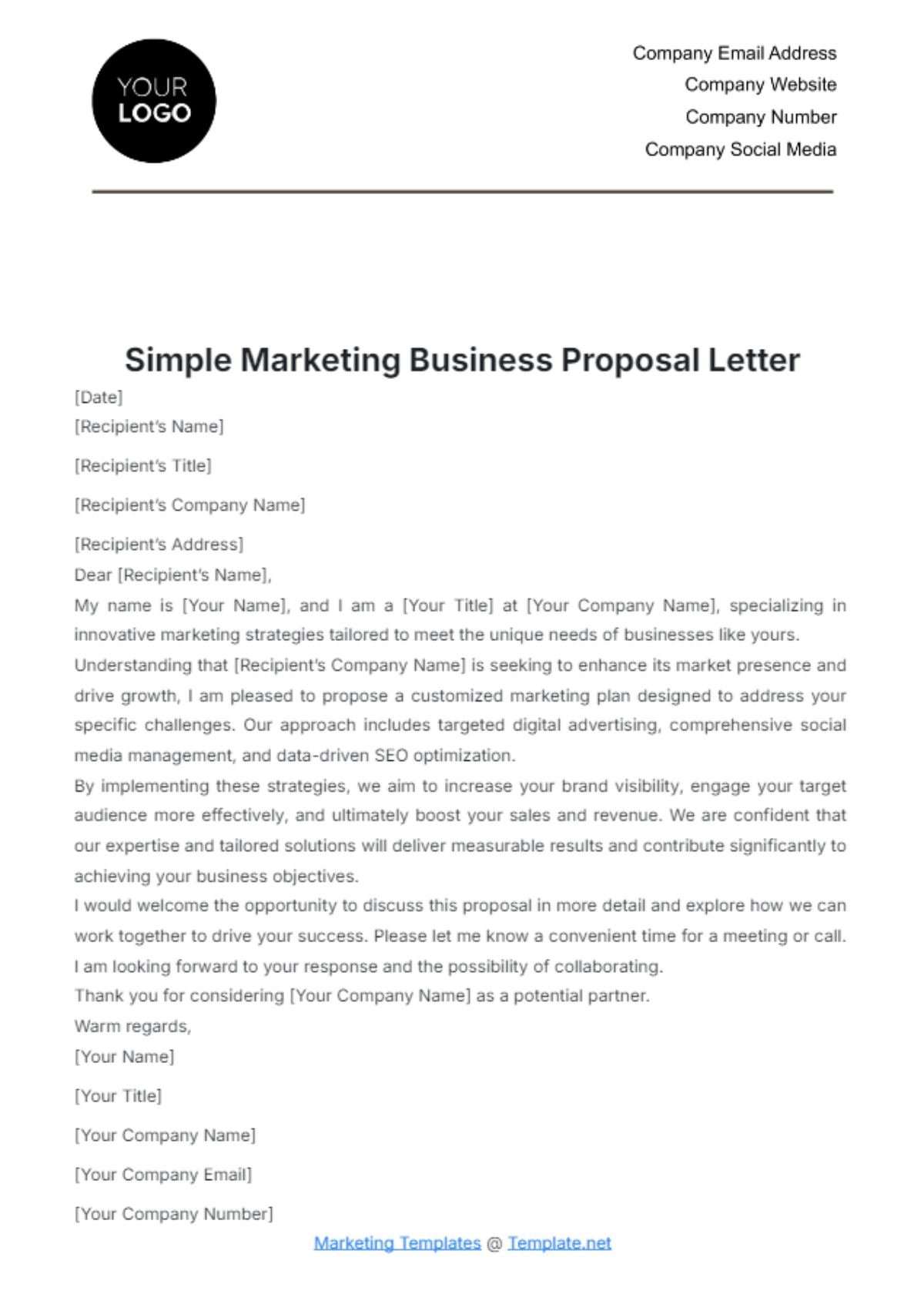 Simple Marketing Business Proposal Letter Template - Edit Online & Download