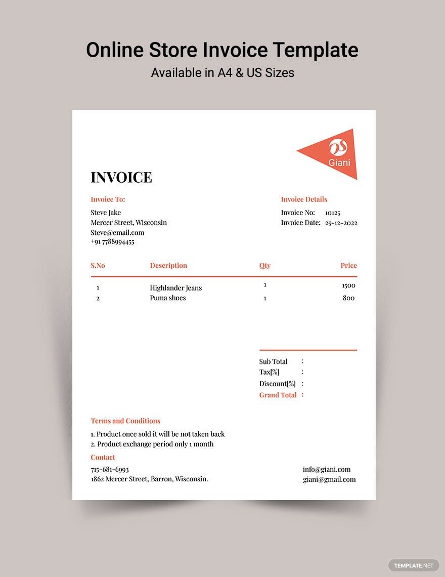 Online Store Invoice Template in Word, Google Docs, Excel, Google Sheets, Illustrator, PSD, Apple Pages, InDesign