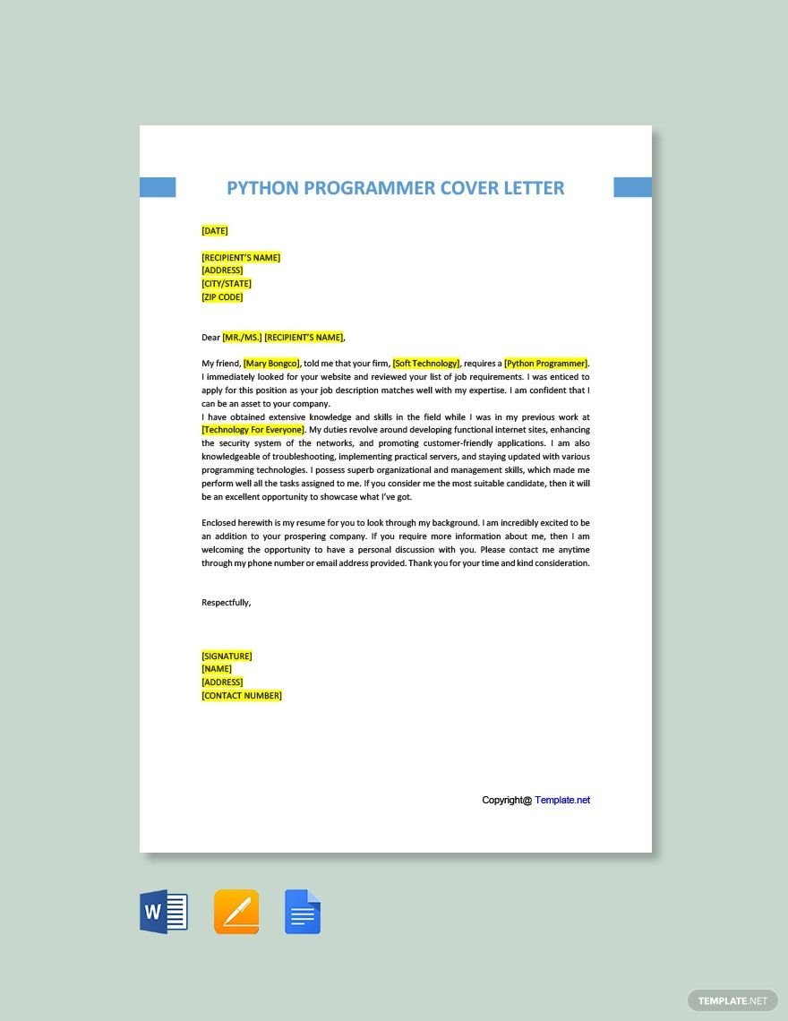 Python Programmer Cover Letter in Word, Google Docs, PDF, Apple Pages