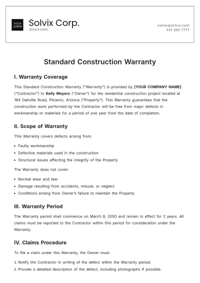 Free Standard Construction Warranty Template to Edit Online