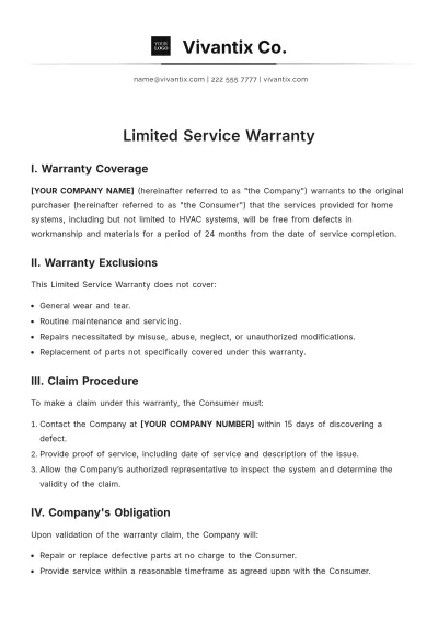 Free Limited Service Warranty Template to Edit Online