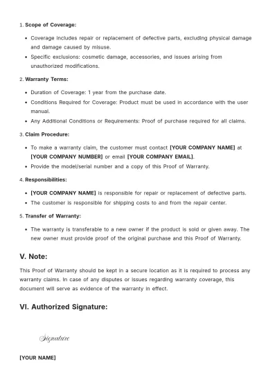 Free Proof of Warranty Template to Edit Online