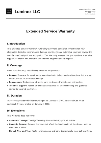 Free Extended Service Warranty Template to Edit Online