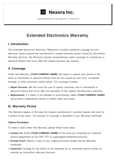 Free Extended Electronics Warranty Template to Edit Online