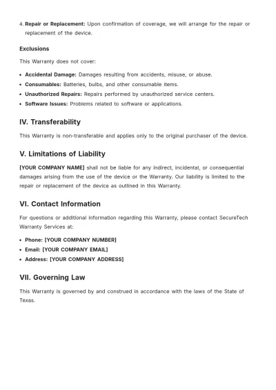 Free Extended Electronics Warranty Template to Edit Online