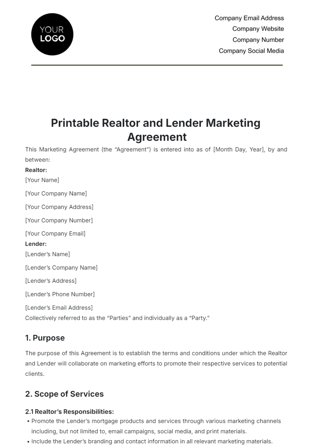 Printable Realtor and Lender Marketing Agreement Template - Edit Online & Download