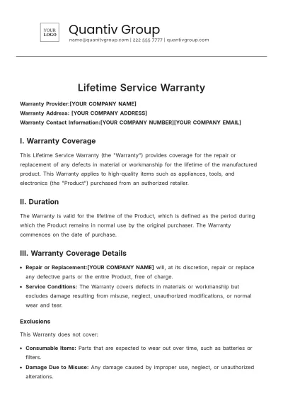 Free Lifetime Service Warranty Template to Edit Online