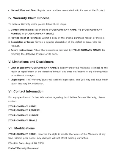 Free Lifetime Service Warranty Template to Edit Online