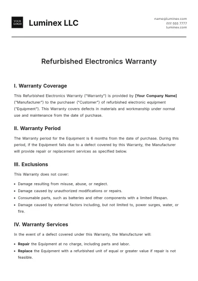 Free Refurbished Electronics Warranty Template to Edit Online