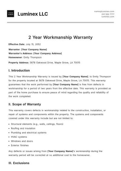 Free 2 Year Workmanship Warranty Template to Edit Online