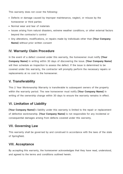 Free 2 Year Workmanship Warranty Template to Edit Online