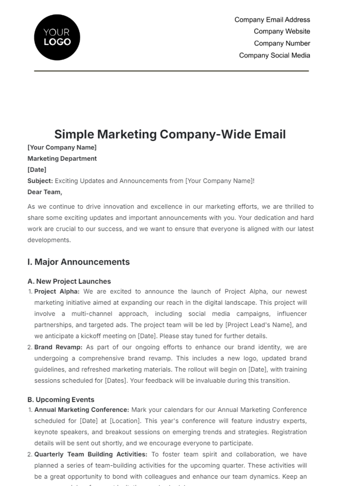 Simple Marketing Company-Wide Email Template - Edit Online & Download