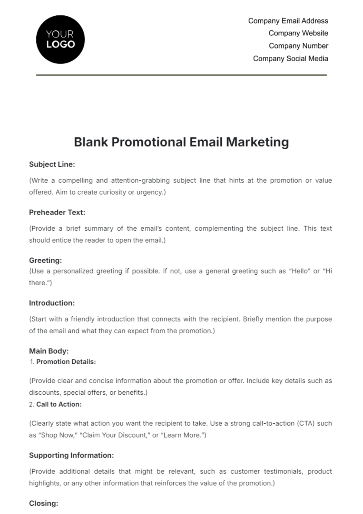 Blank Promotional Email Marketing Template - Edit Online & Download