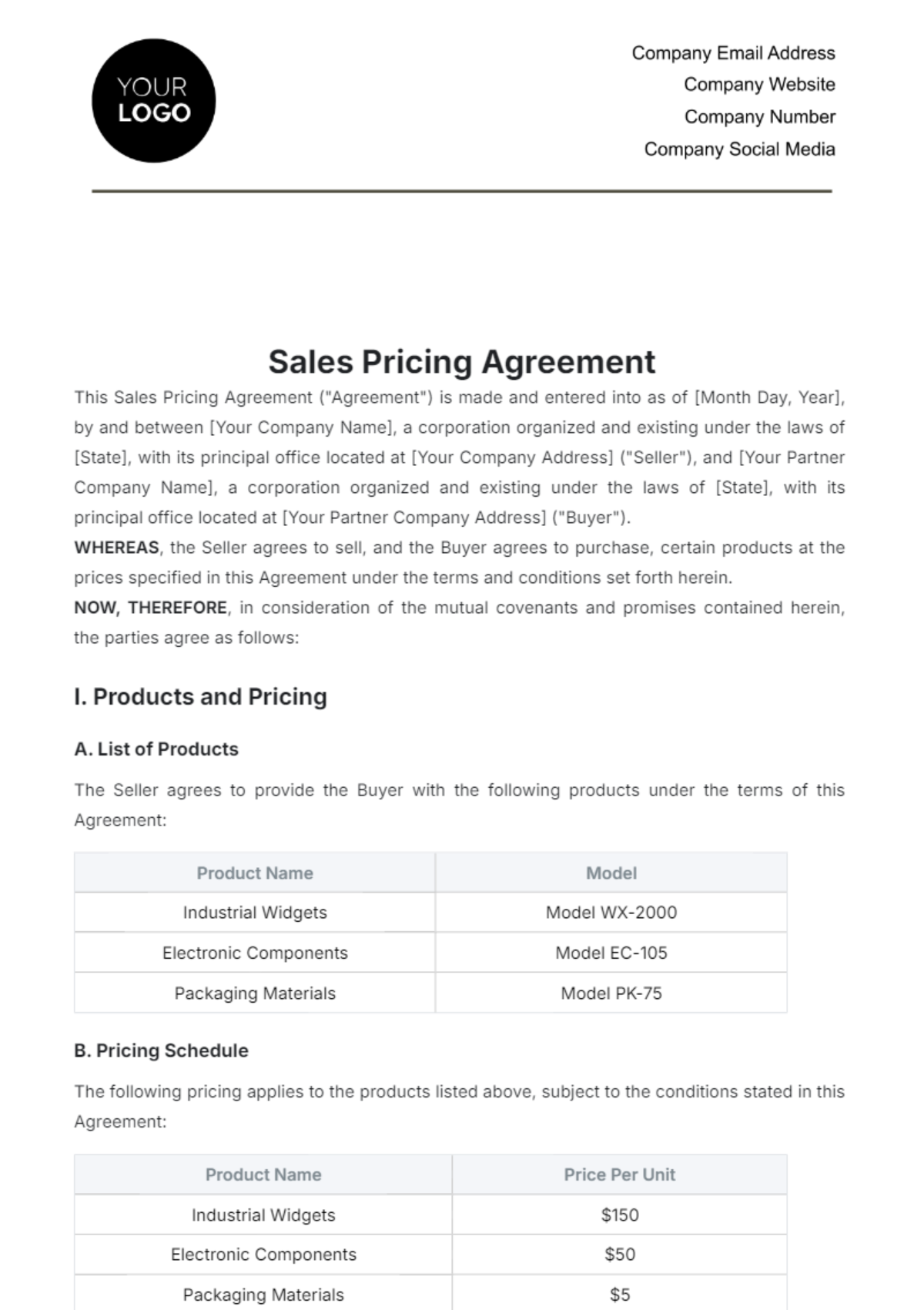 Sales Pricing Agreement Template - Edit Online & Download