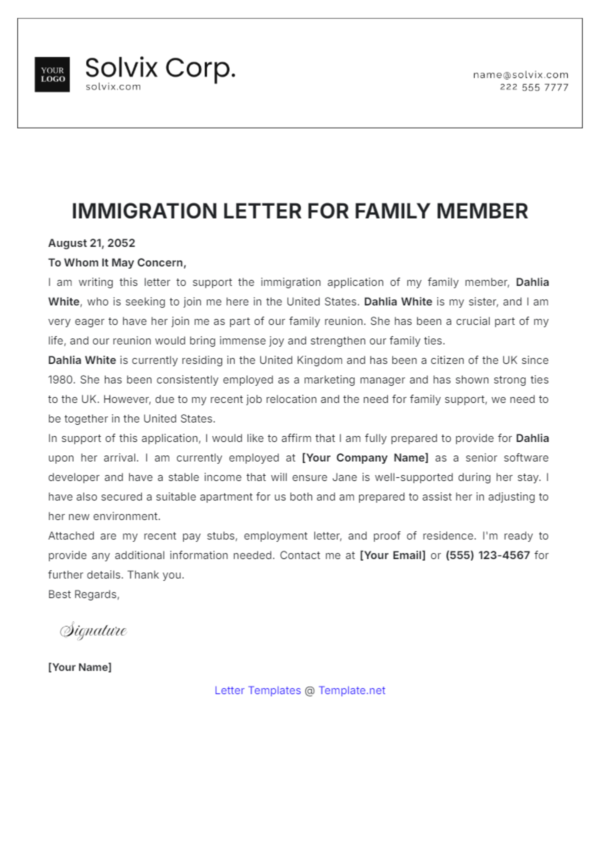 Free Immigration Letter for Family Member Template