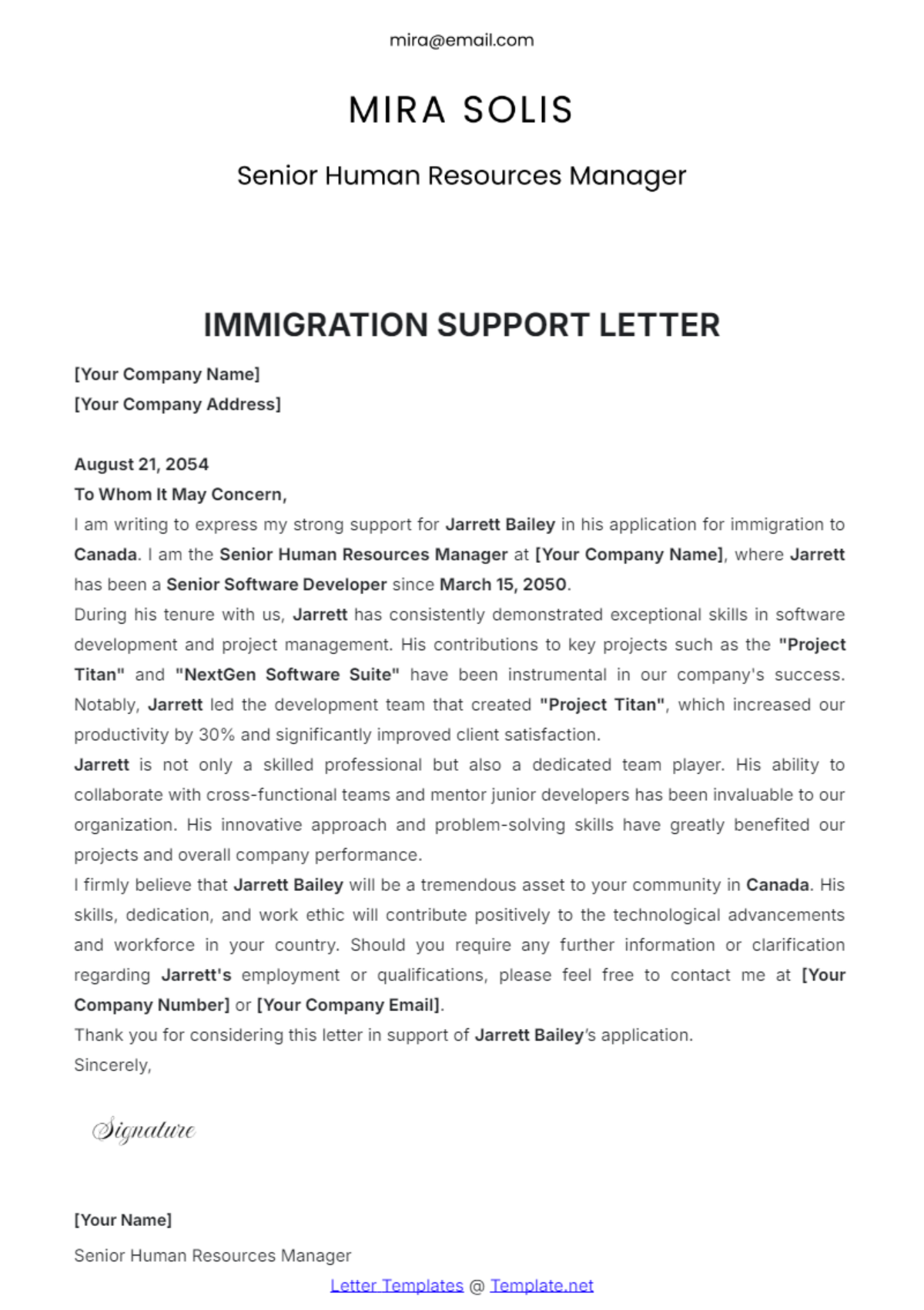 Free Immigration Support Letter Template