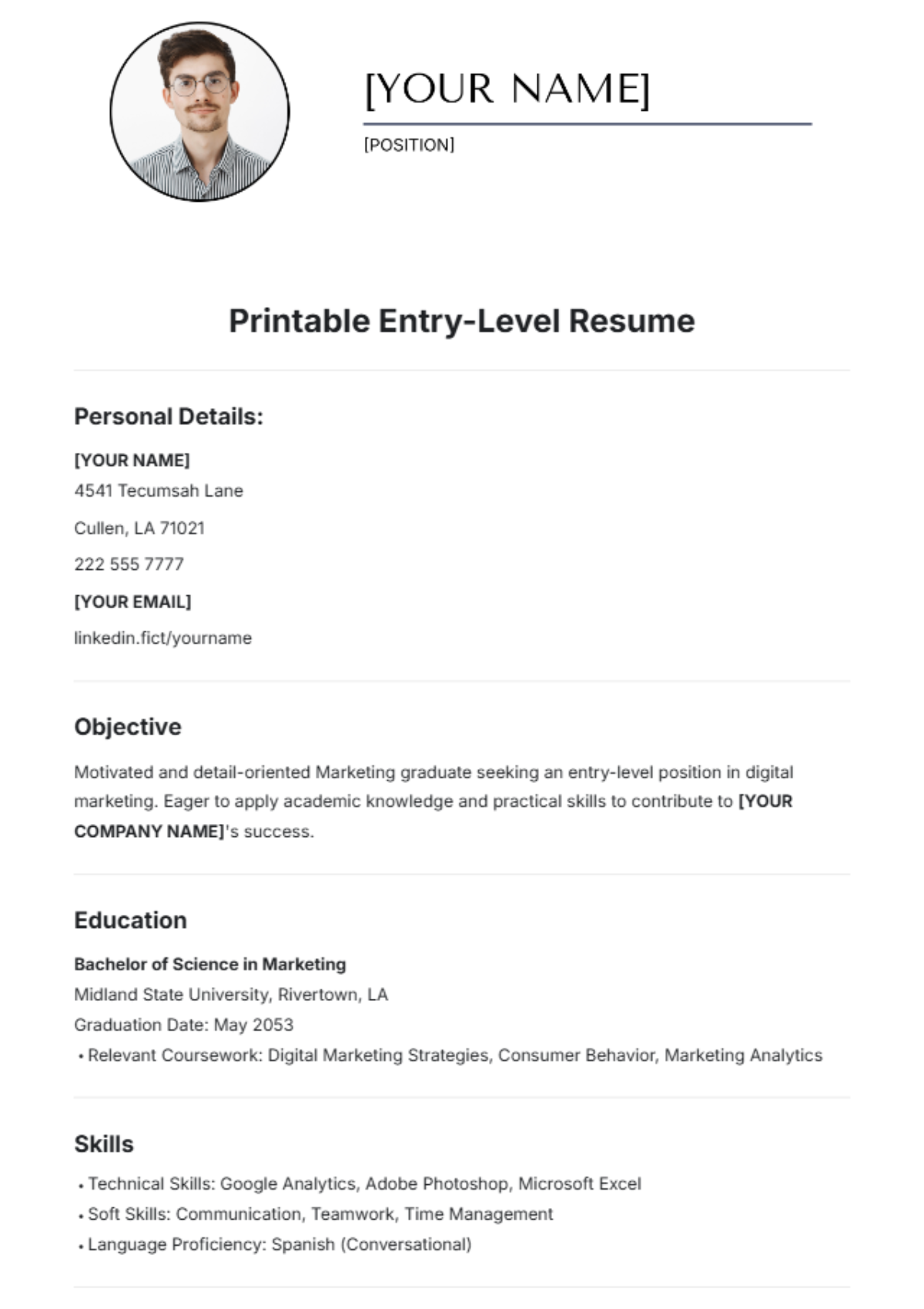 Printable Entry-Level Resume Template