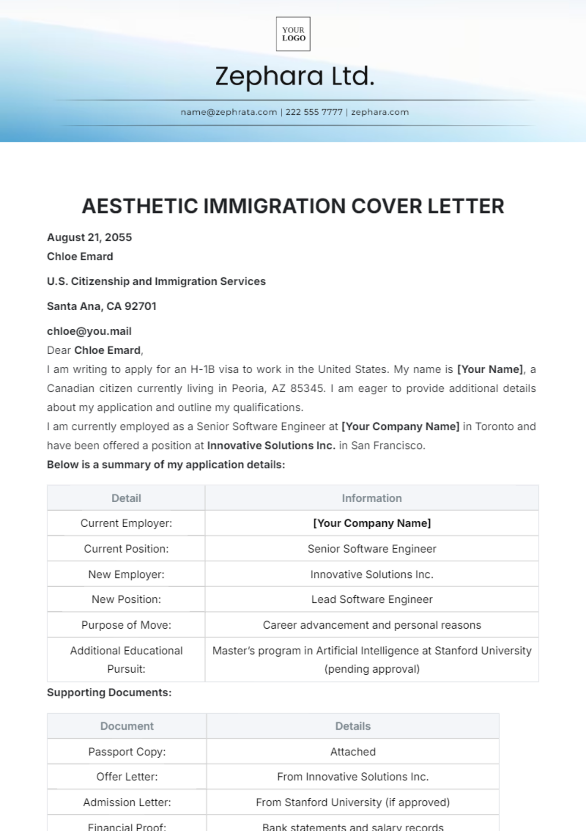 Free Aesthetic Immigration Cover Letter Template