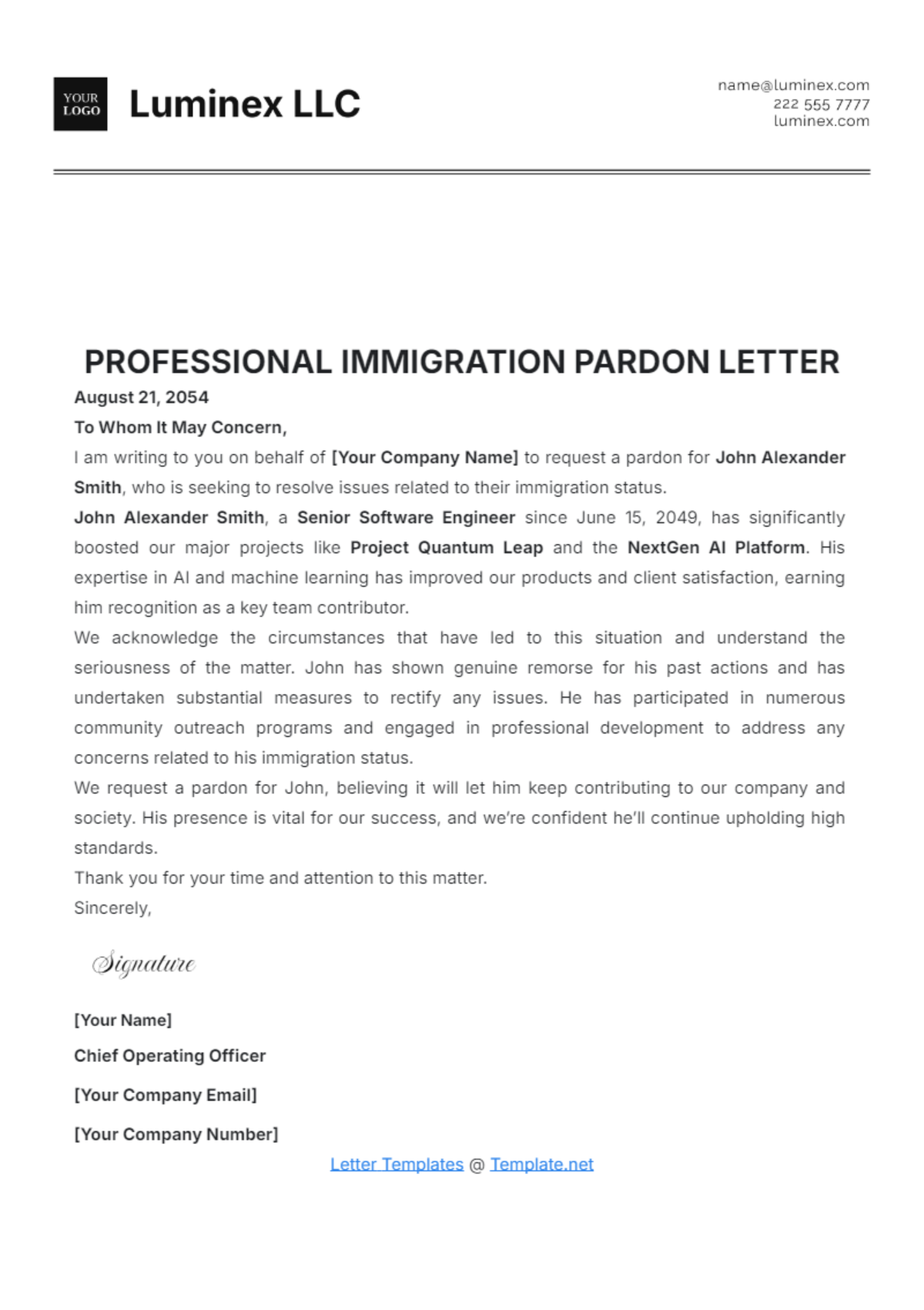 Professional Immigration Pardon Letter Template - Edit Online & Download