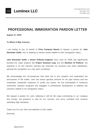 Free Professional Immigration Pardon Letter Template to Edit Online