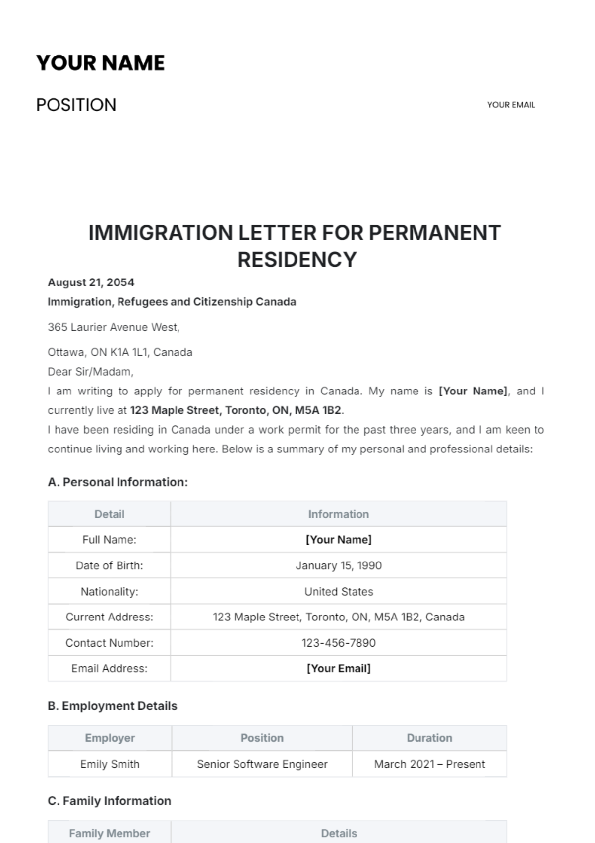 Free Immigration Letter for Permanent Residency Template