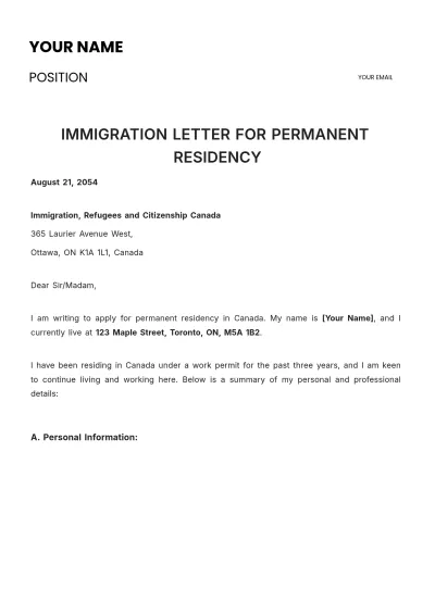 Free Immigration Letter for Permanent Residency Template to Edit Online