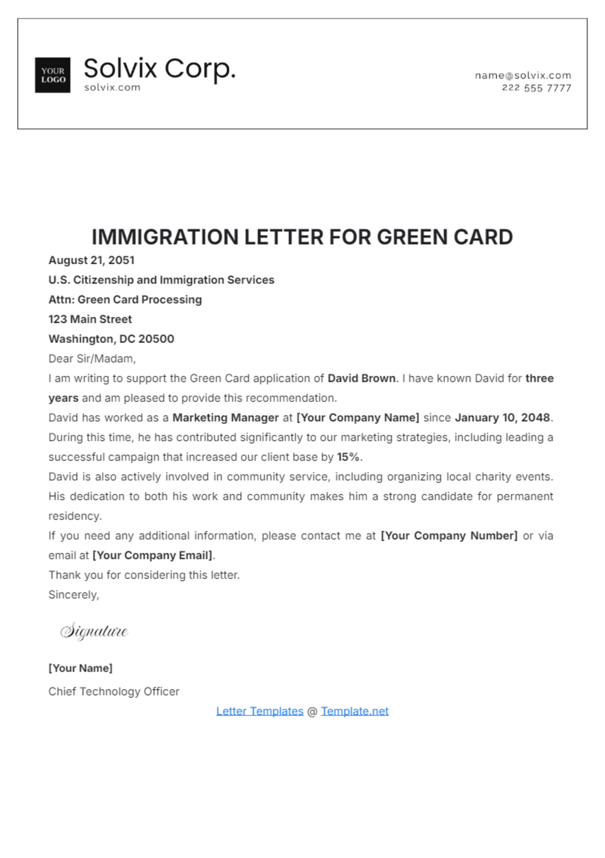 Free Immigration Letter for Green Card Template