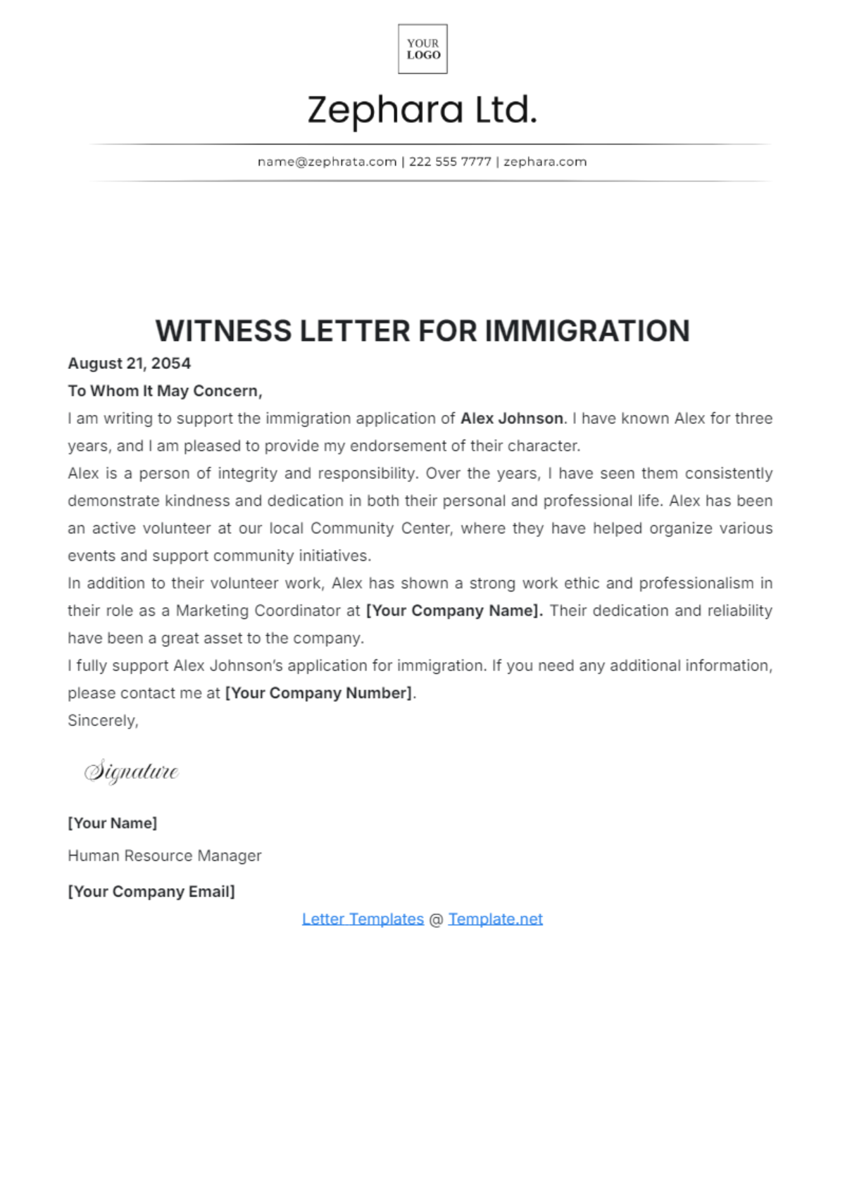 Free Witness Letter for Immigration Template