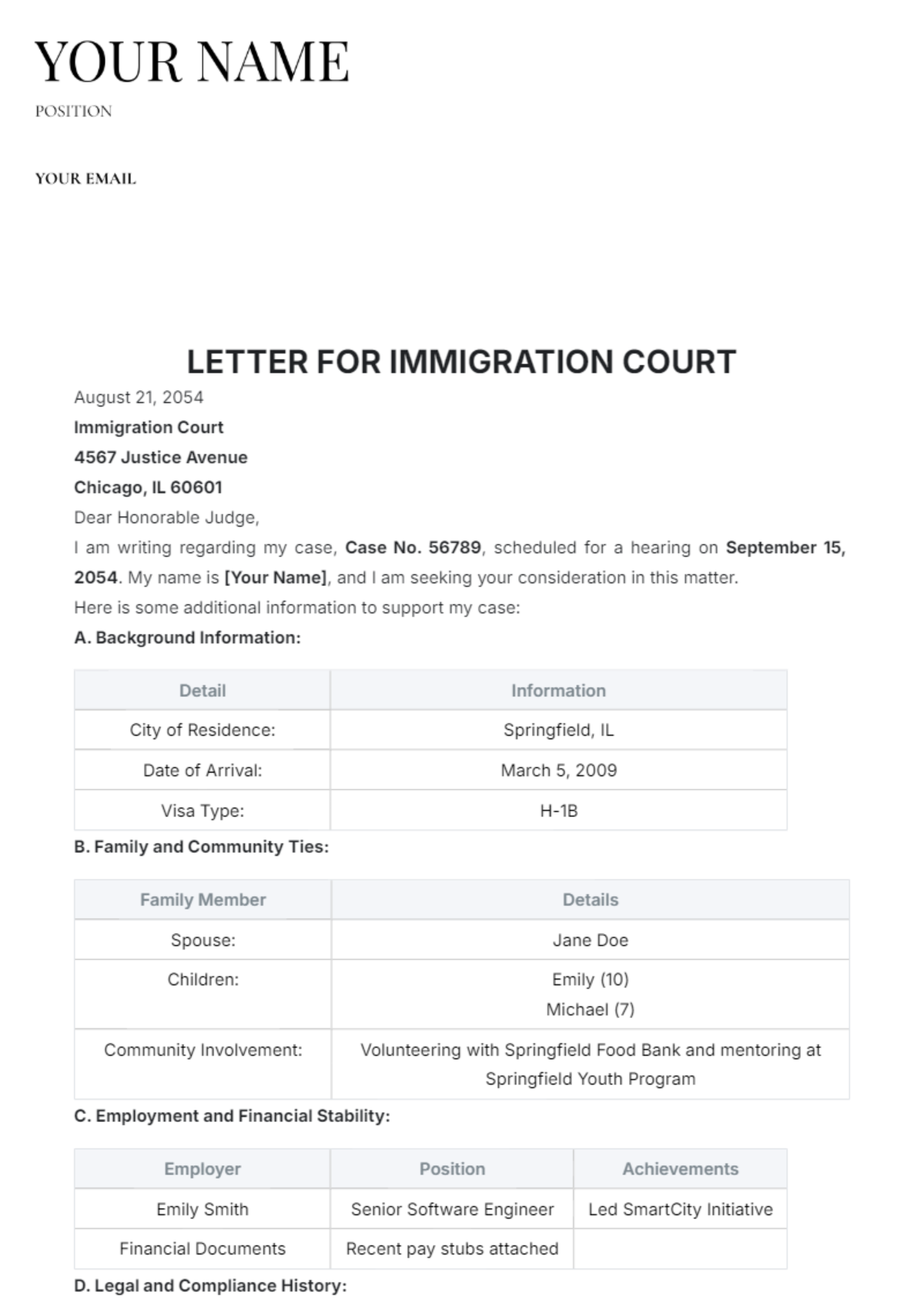 Free Letter for Immigration Court Template