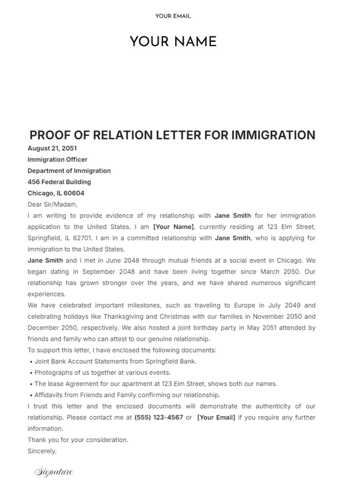 Free Proof of Relationship Letter for Immigration Template