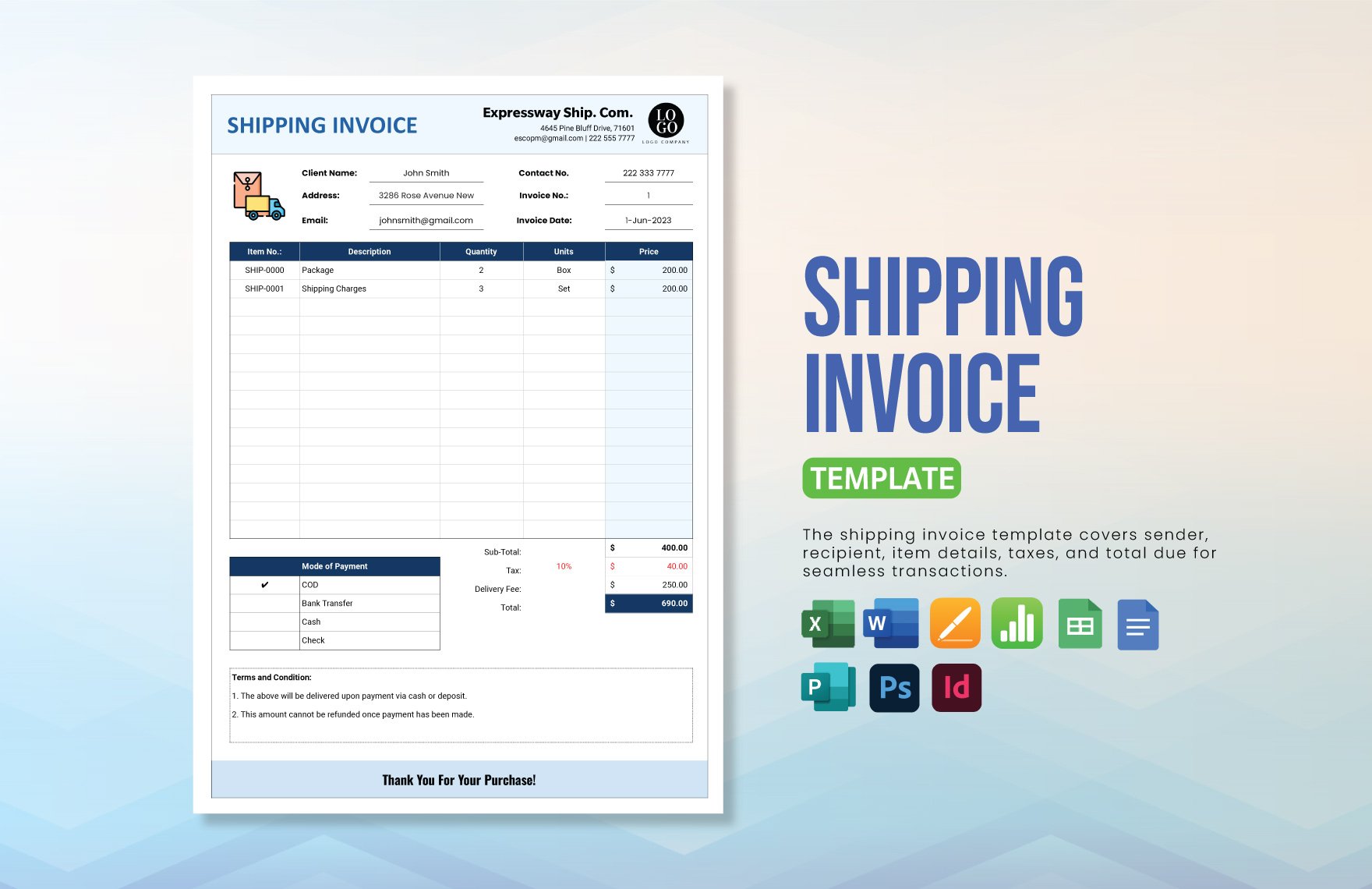 Shipping Invoice Template in Word, Google Docs, Excel, PDF, Google Sheets, Illustrator, PSD, Apple Pages, Publisher, InDesign, Apple Numbers