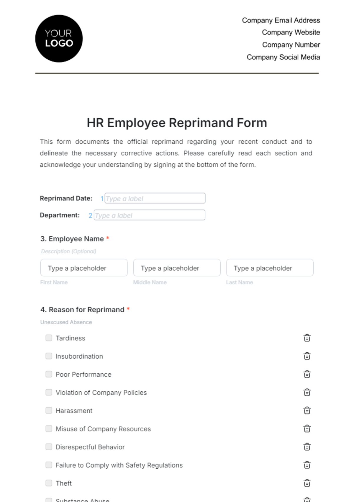 HR Employee Reprimand Form Template - Edit Online & Download