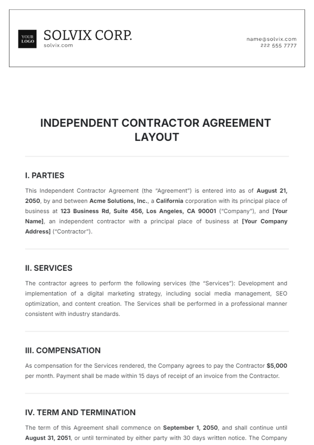 Independent Contractor Agreement Layout Template - Edit Online & Download