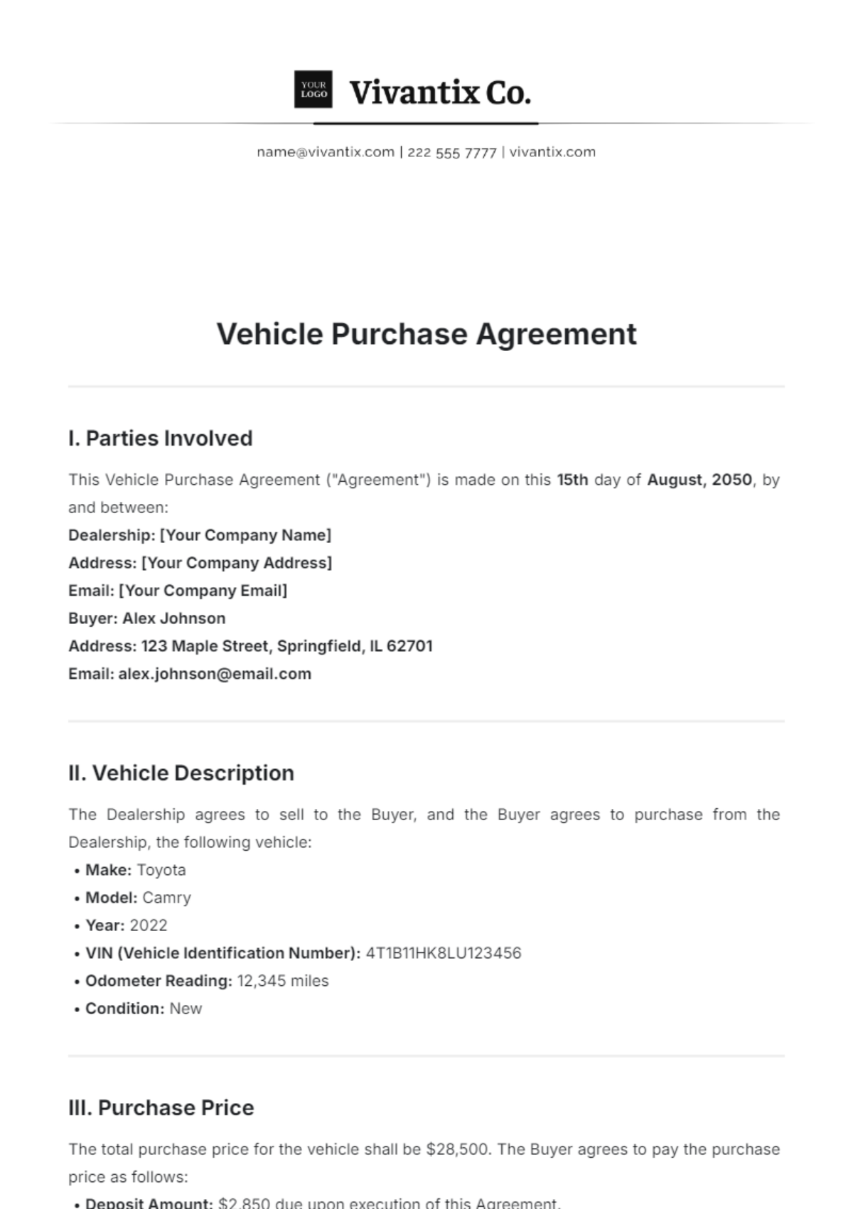 Vehicle Purchase Agreement Template - Edit Online & Download