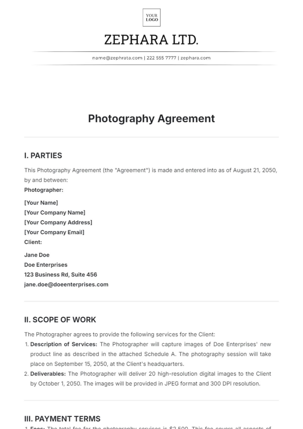 Photography Agreement Template - Edit Online & Download