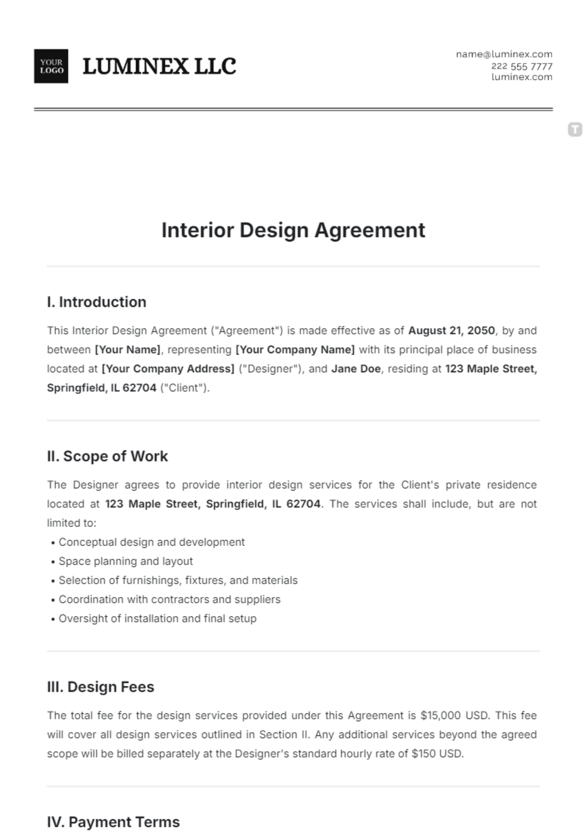 Interior Design Agreement Template - Edit Online & Download