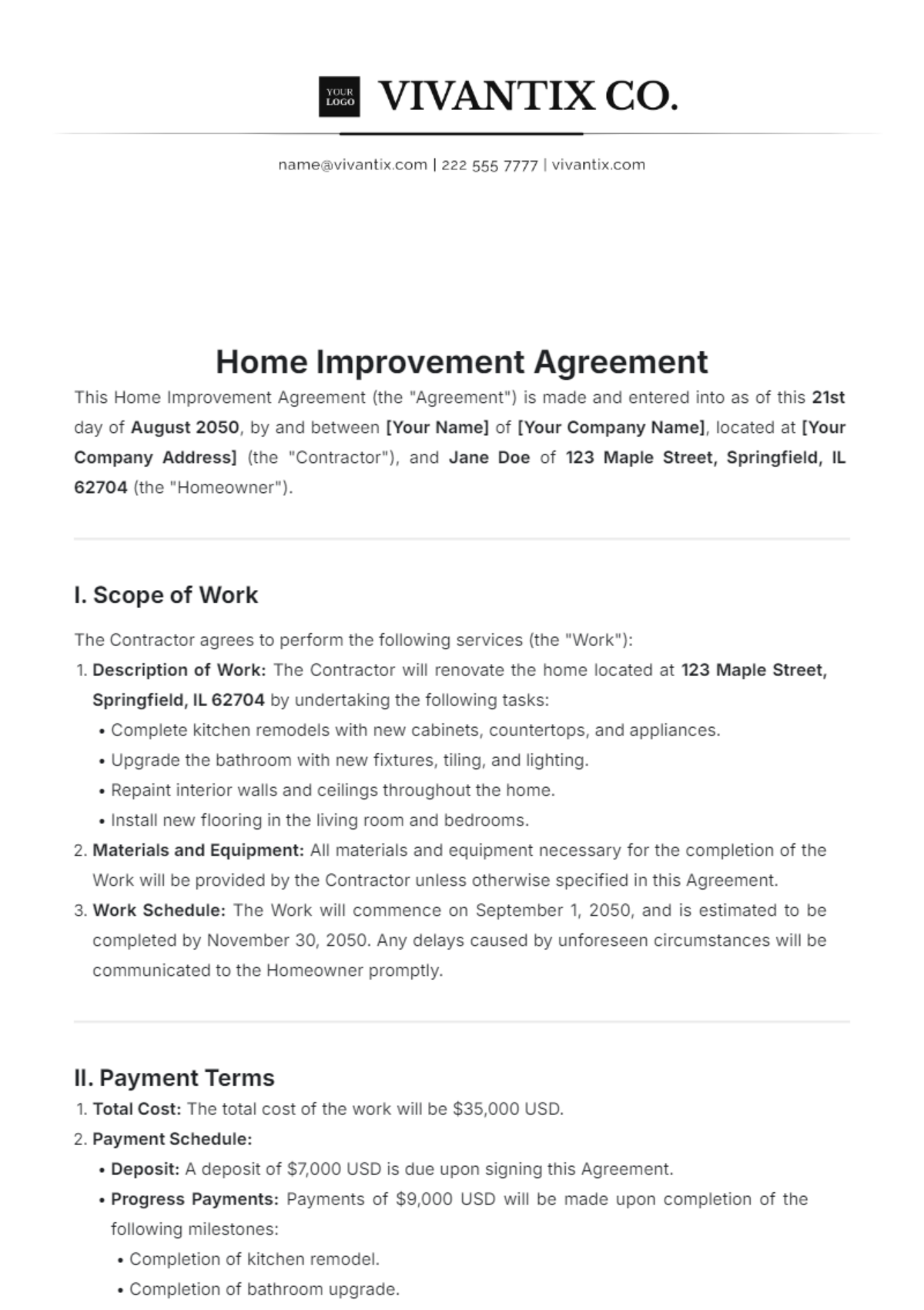 Home Improvement Agreement Template - Edit Online & Download