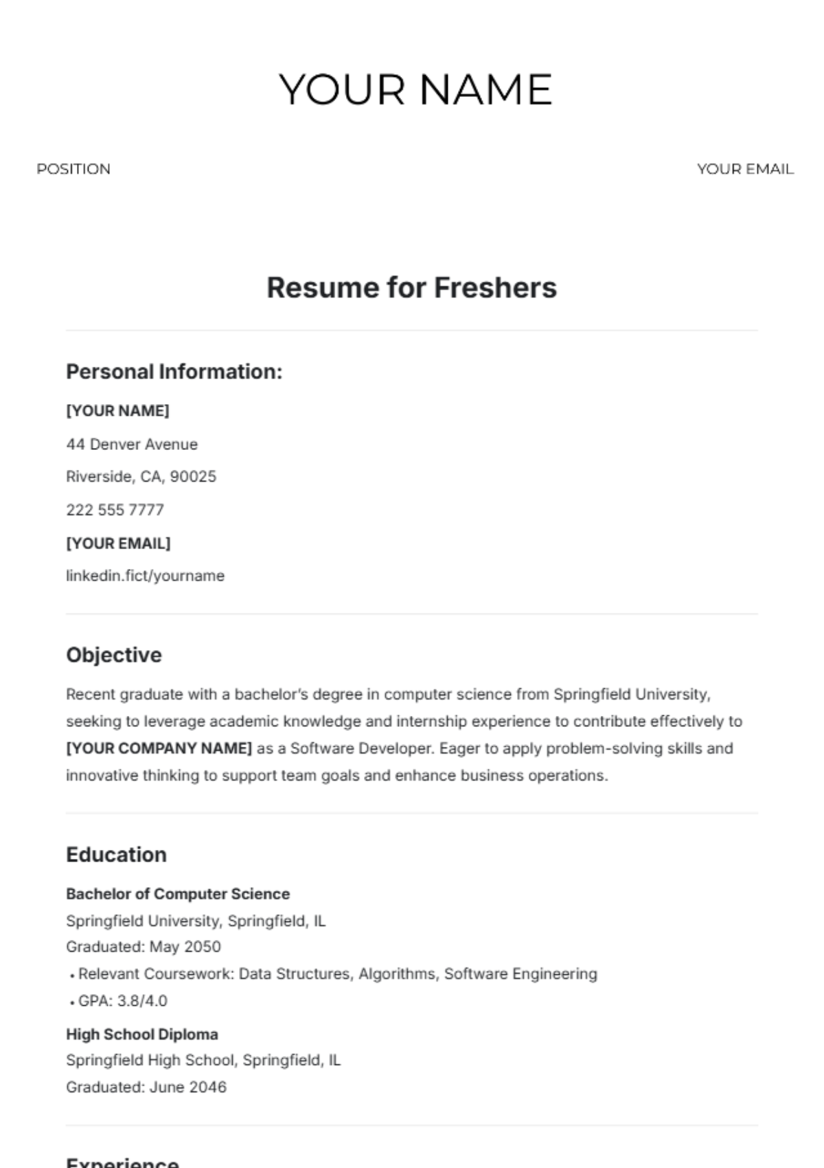 Resume Template for Freshers