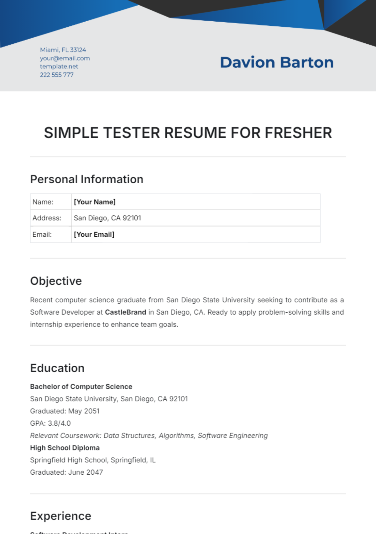 Simple Tester Resume for Fresher Template - Edit Online & Download