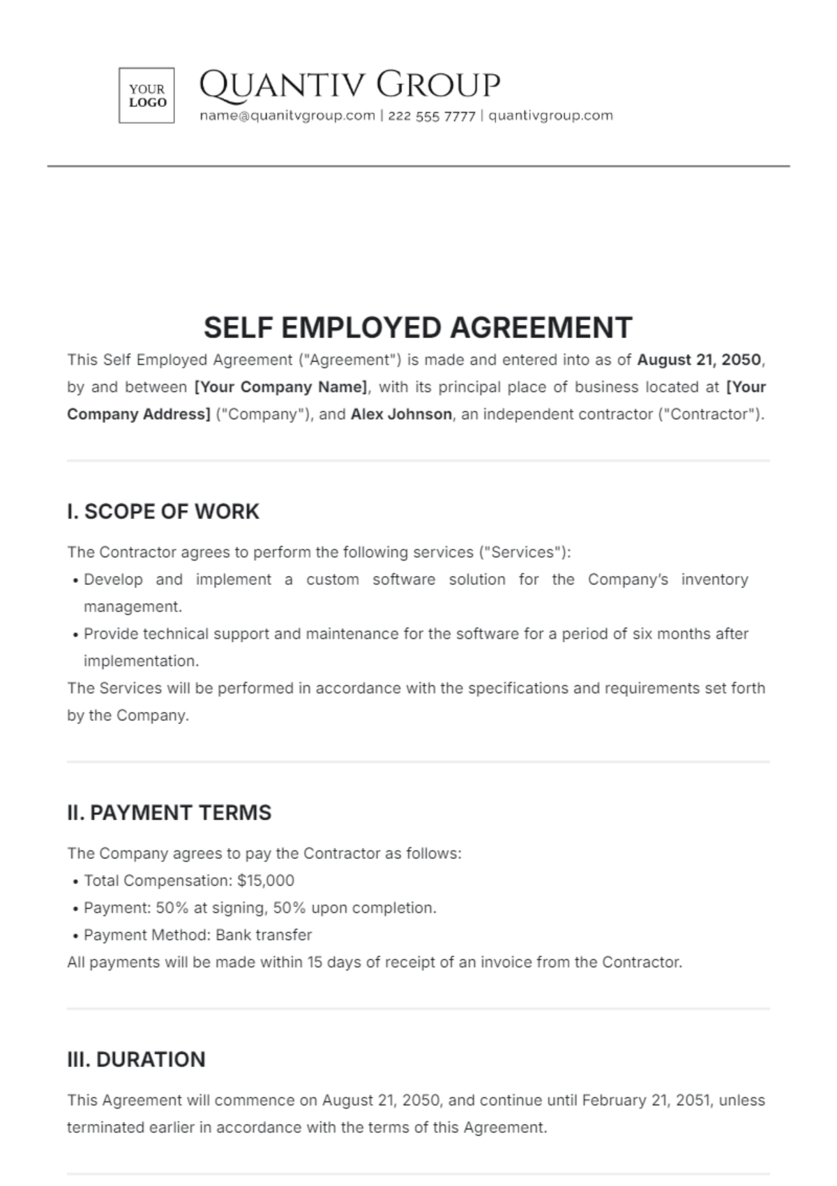 Self Employed Agreement Template - Edit Online & Download