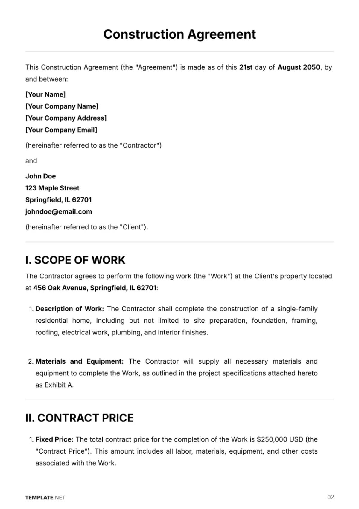 Free Construction Agreement Template to Edit Online