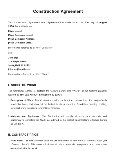 Free Construction Agreement Template to Edit Online