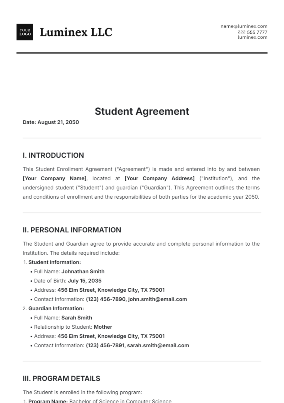 Student Agreement Template - Edit Online & Download