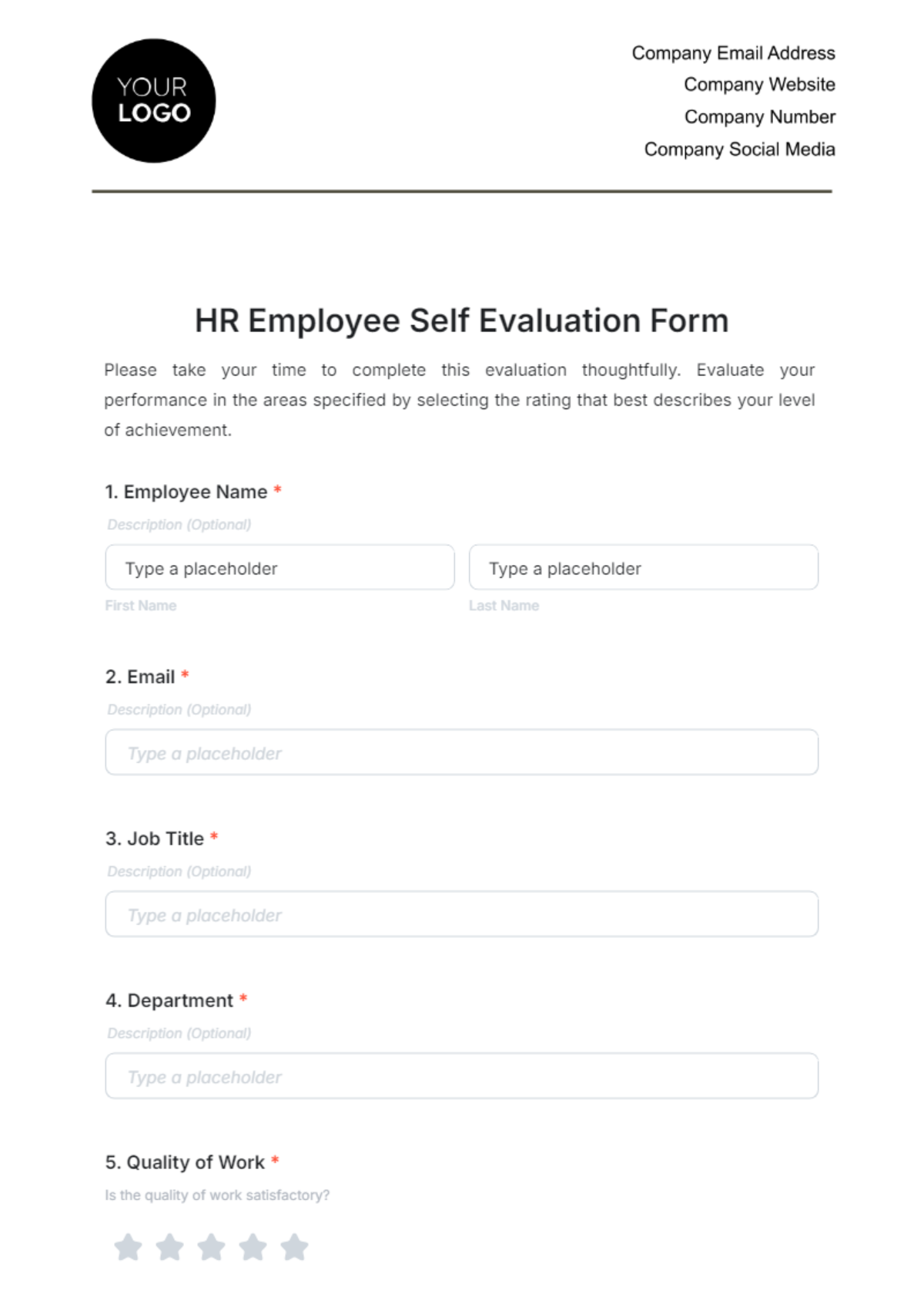 HR Employee Self Evaluation Form Template - Edit Online & Download