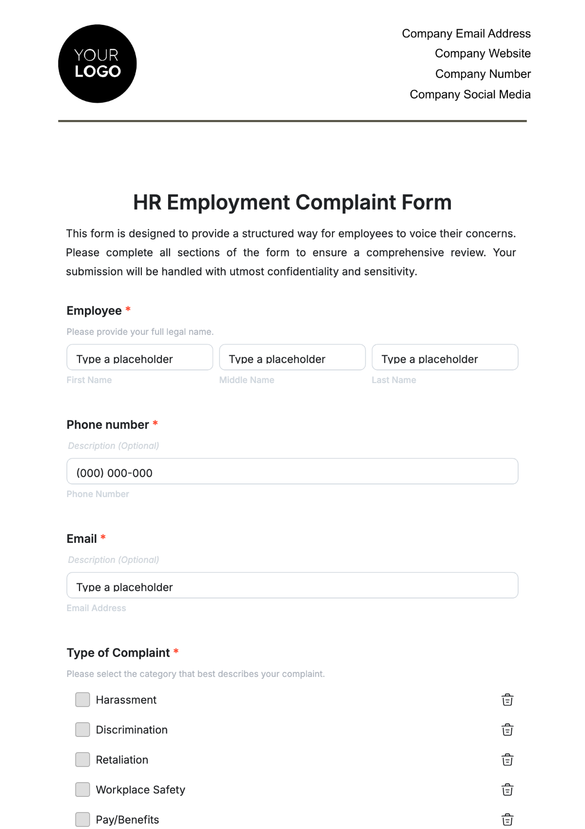 HR Employment Complaint Form Template - Edit Online & Download