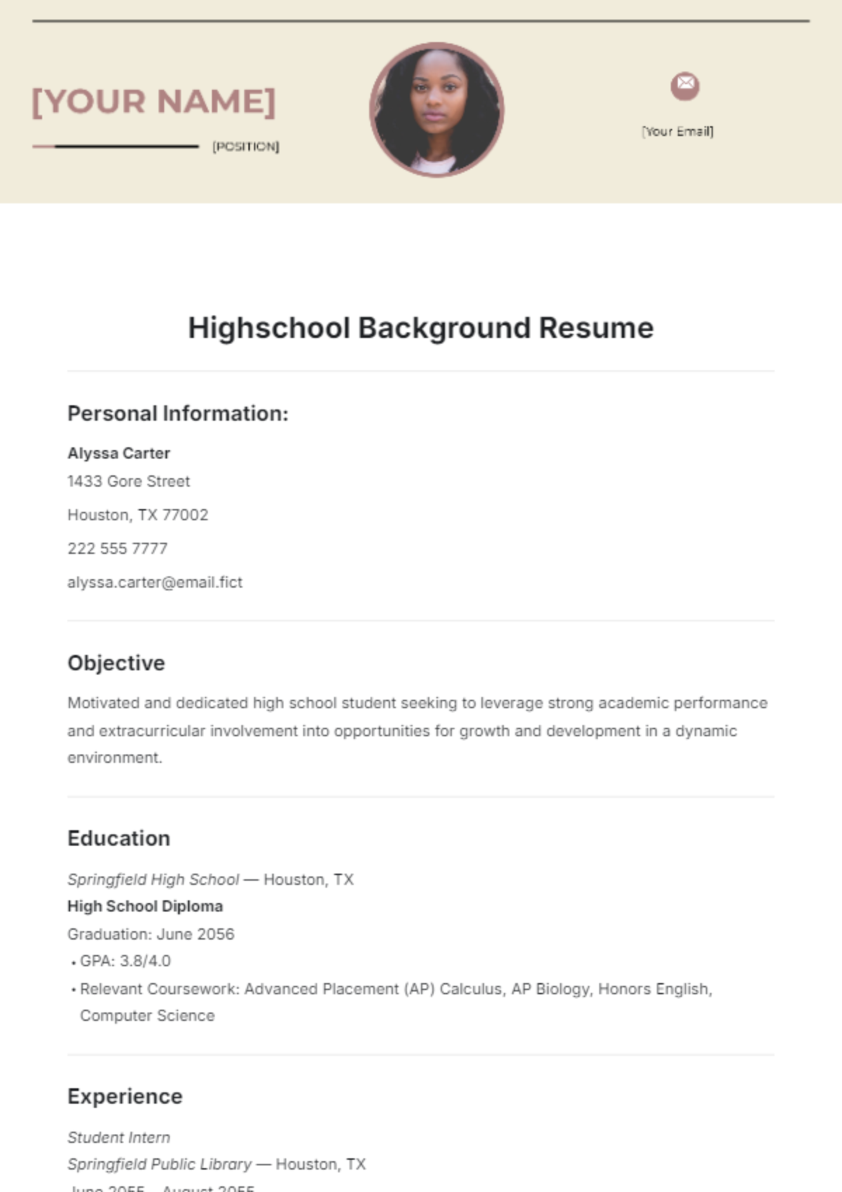 Highschool Background Resume Template - Edit Online & Download