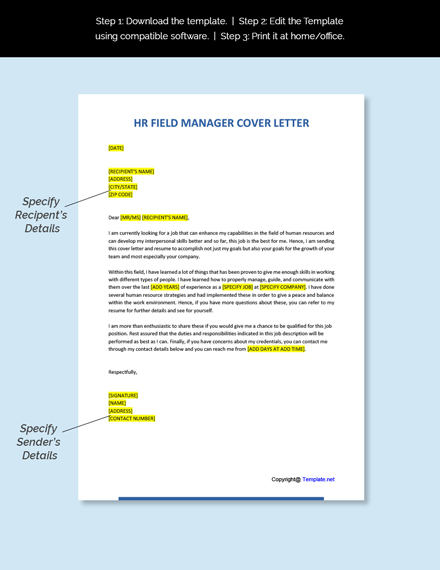 HR Field Manager Cover Letter Template - Google Docs, Word | Template.net