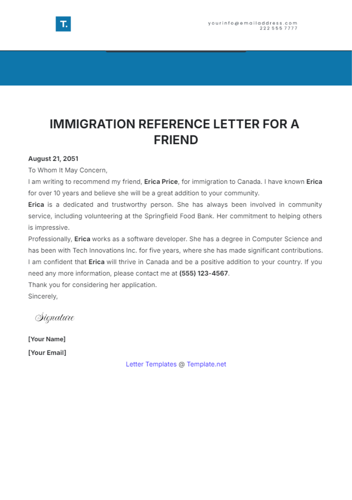 Immigration Reference Letter for a Friend Template