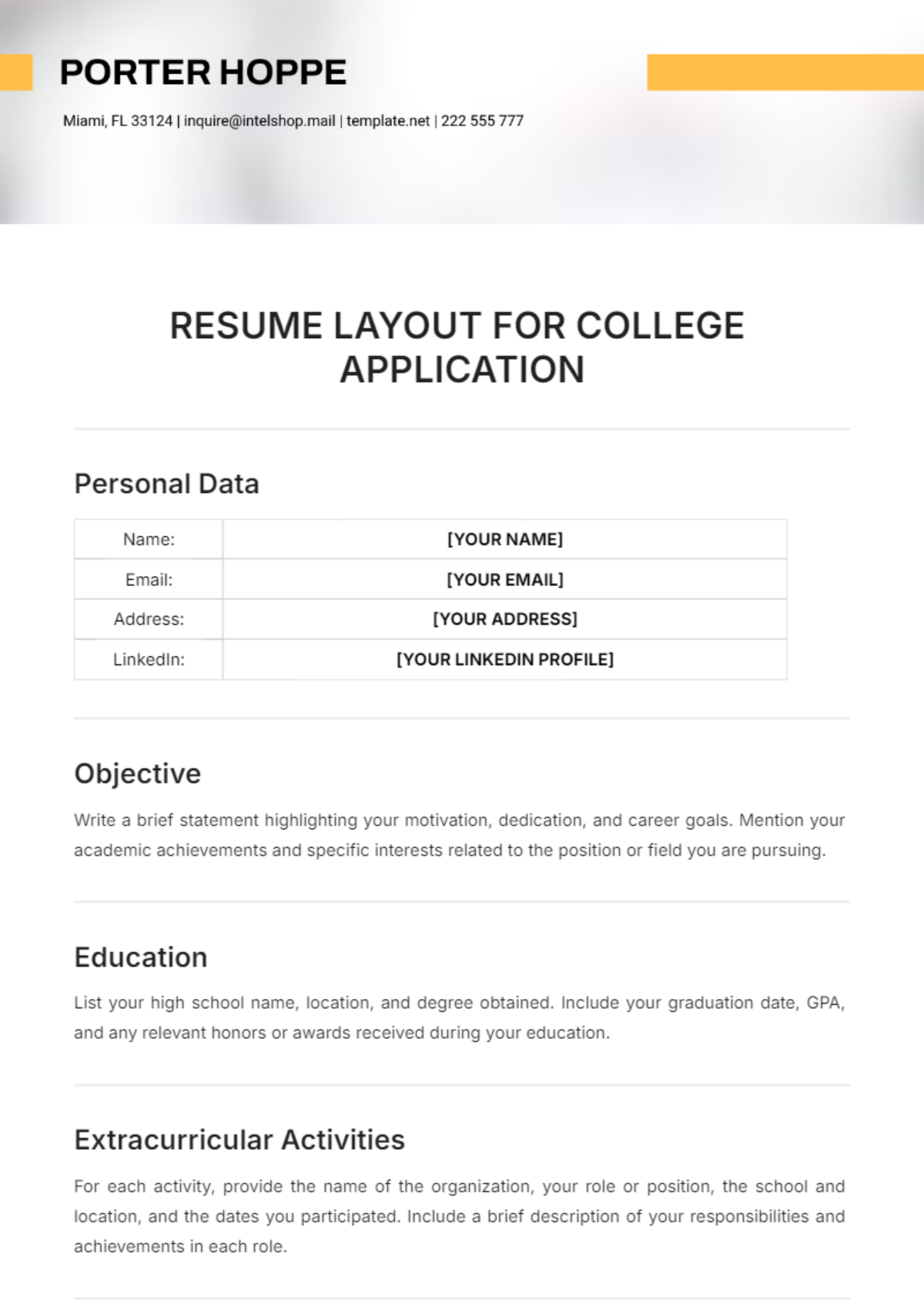 Resume Layout for College Application Template - Edit Online & Download